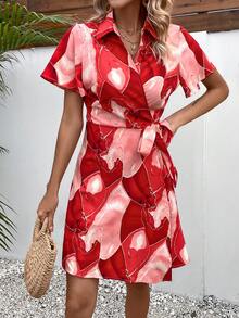 SHEIN LUNE Allover Print Knot Side Wrap Dress - Red - View 5