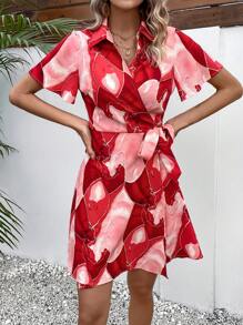 SHEIN LUNE Allover Print Knot Side Wrap Dress - Red - View 1