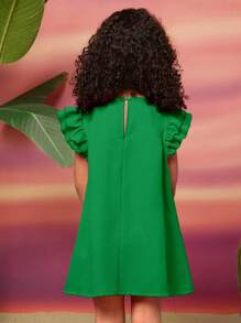 SHEIN Leap Crew Vestido holgado de línea A con cuello redondo y mangas con volantes de unicolor para niña joven - Verde - Ver 2