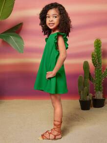 SHEIN Leap Crew Vestido holgado de línea A con cuello redondo y mangas con volantes de unicolor para niña joven - Verde - Ver 4