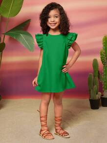 SHEIN Leap Crew Vestido holgado de línea A con cuello redondo y mangas con volantes de unicolor para niña joven - Verde - Ver 6