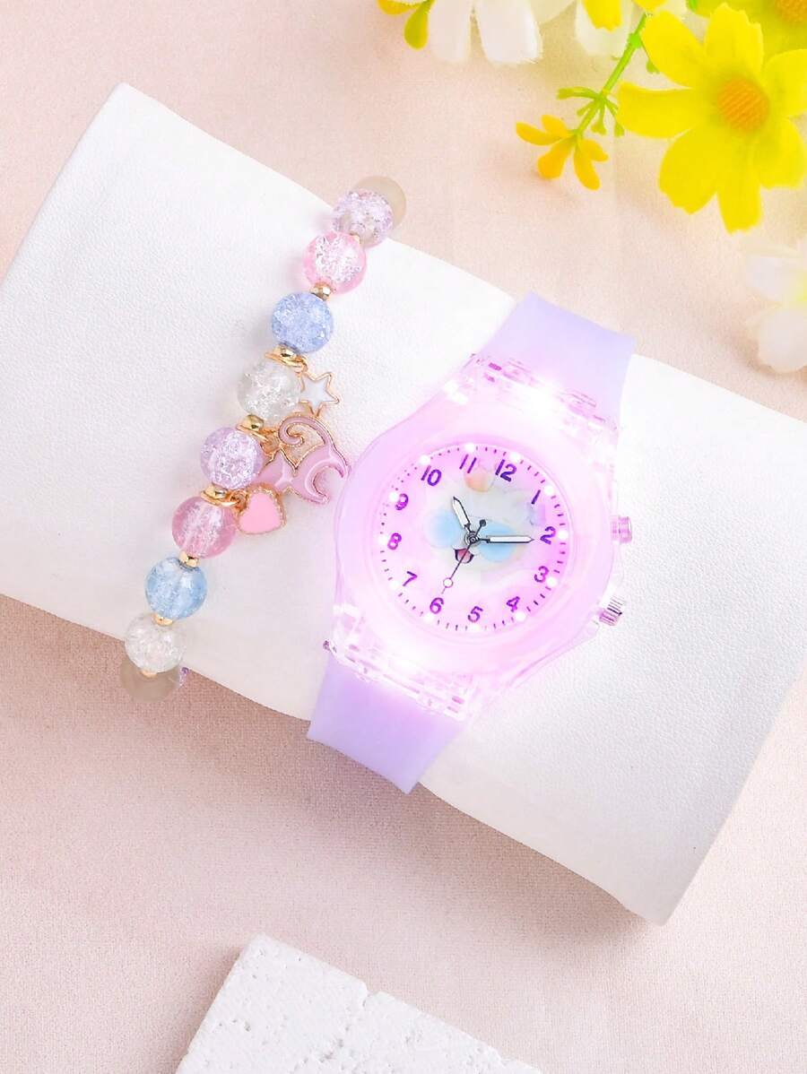 1入組女孩矽膠帶夜光圓形錶盤石英表和1入組手環適用於日常生活 - 紫色 - 查看 1