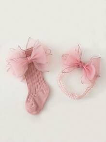 1雙女孩蝴蝶結裝飾長筒襪和1入組髮帶
