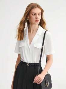 BizChic Solid Flap Detail Shirt Workwear - White - View 4