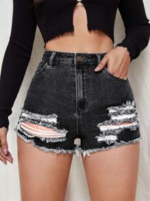 SHEIN ICON Ripped Raw Hem Denim Shorts - Black - View 5