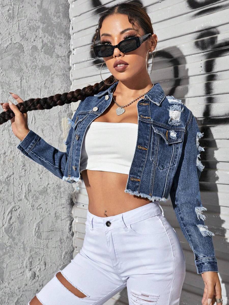 Áo khoác & áo khoác denim nữ Hem thô Bị tách Nút phía trước màu trơn Giải trí - Rửa trung bình - Xem 1