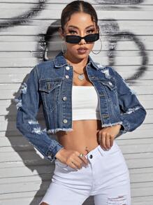 Áo khoác & áo khoác denim nữ Hem thô Bị tách Nút phía trước màu trơn Giải trí - Rửa trung bình - Xem 5