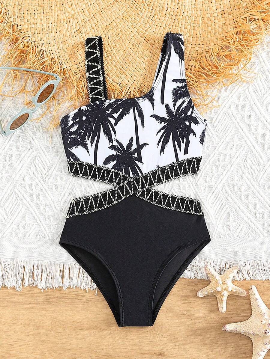 Traje De Baño De Una Pieza Para Niña Con Impresión De Árbol De Coco, Corte Con Cinta De Diseño Asimétrico En El Cuello - Blanco y Negro - Ver 1