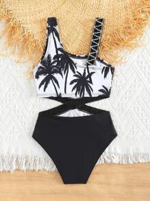Traje De Baño De Una Pieza Para Niña Con Impresión De Árbol De Coco, Corte Con Cinta De Diseño Asimétrico En El Cuello - Blanco y Negro - Ver 2