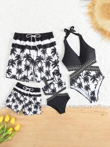 Traje De Baño De Una Pieza Para Niña Con Impresión De Árbol De Coco, Corte Con Cinta De Diseño Asimétrico En El Cuello - Blanco y Negro - Ver 3