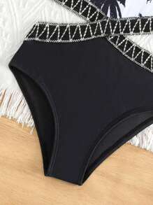 Traje De Baño De Una Pieza Para Niña Con Impresión De Árbol De Coco, Corte Con Cinta De Diseño Asimétrico En El Cuello - Blanco y Negro - Ver 5