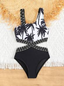 Traje De Baño De Una Pieza Para Niña Con Impresión De Árbol De Coco, Corte Con Cinta De Diseño Asimétrico En El Cuello - Blanco y Negro - Ver 6