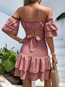 SHEIN VCAY Top crop de hombros descubiertos ribete fruncido & Falda bajo con fruncido - Rosa vieja - Ver 3