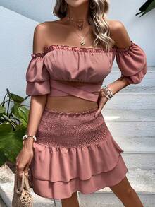 SHEIN VCAY Top crop de hombros descubiertos ribete fruncido & Falda bajo con fruncido - Rosa vieja - Ver 4