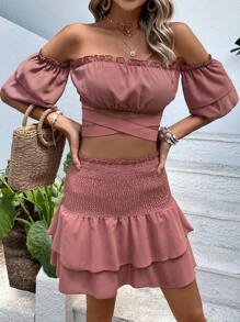 SHEIN VCAY Top crop de hombros descubiertos ribete fruncido & Falda bajo con fruncido - Rosa vieja - Ver 5