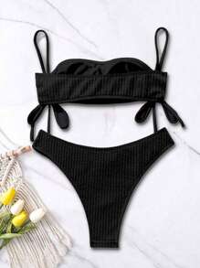 SHEIN Swim Summer Beach Drawstring Side High Cut Bikini Set - Black - View 3