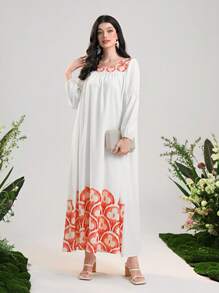 Al Najma Graphic Print Lantern Sleeve Dress Eid Dress - White - View 1