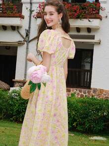 滿版印花泡泡袖連衣裙 - 黃色 - 查看 2