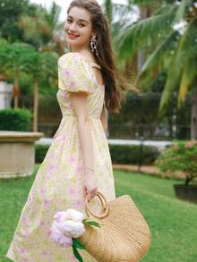 滿版印花泡泡袖連衣裙 - 黃色 - 查看 3