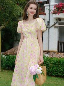 滿版印花泡泡袖連衣裙 - 黃色 - 查看 5