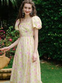 滿版印花泡泡袖連衣裙 - 黃色 - 查看 6