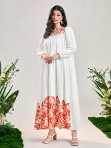 Al Najma Graphic Print Lantern Sleeve Dress Eid Dress - White - View 5