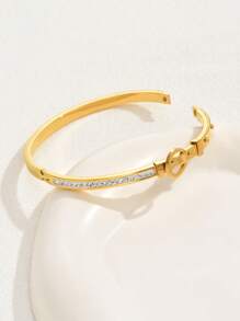 1入組時尚不銹鋼水鑽裝飾皮帶設計手鐲適合女士日常裝飾 - 金黃色 - 查看 2