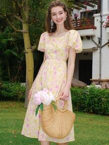 滿版印花泡泡袖連衣裙 - 黃色 - 查看 8