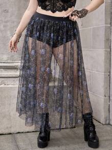 ROMWE Goth Plus Floral Print Mesh Overlay Skirt - Multicolor - View 1