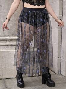 ROMWE Goth Plus Floral Print Mesh Overlay Skirt - Multicolor - View 5