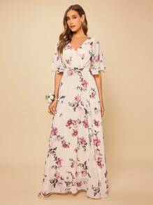 SHEIN Belle Floral Print Butterfly Sleeve Dress - Multicolor - View 3