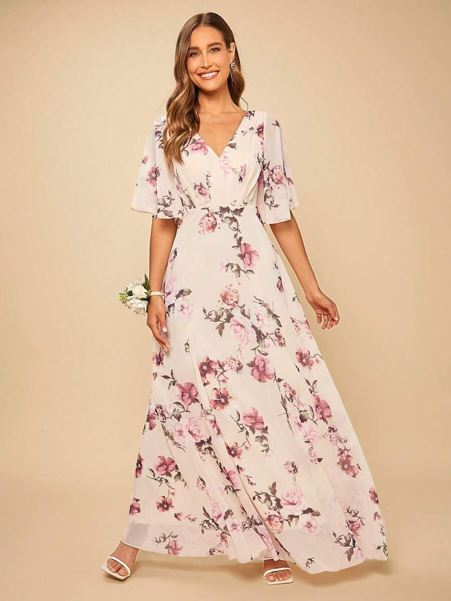 SHEIN Belle Floral Print Butterfly Sleeve Dress - Multicolor - View 1
