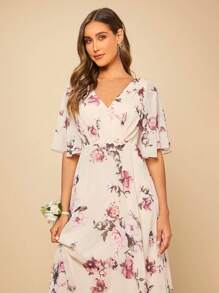 SHEIN Belle Floral Print Butterfly Sleeve Dress - Multicolor - View 6