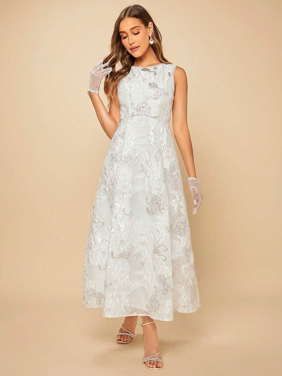 SHEIN Belle 花卉圖案提花無袖婚紗洋裝無手套