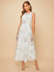 SHEIN Belle 花卉圖案提花無袖婚紗洋裝無手套