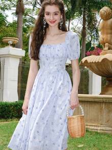 印花胸部褶皺泡泡袖連衣裙 - 彩色 - 查看 4