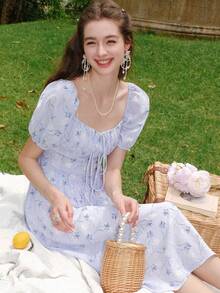 印花胸部褶皺泡泡袖連衣裙 - 彩色 - 查看 6