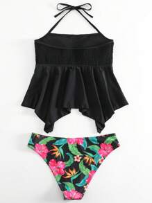 热带花卉褶饰手帕下摆挂脖式比基尼夏日海滩 - 彩色 - 查看 5