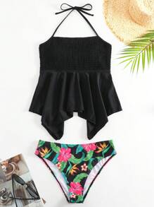 热带花卉褶饰手帕下摆挂脖式比基尼夏日海滩 - 彩色 - 查看 6