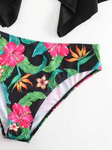 热带花卉褶饰手帕下摆挂脖式比基尼夏日海滩 - 彩色 - 查看 8