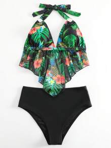 Swim Lushoire 夏日海滩热带印花手帕下摆吊带比基尼 - 彩色 - 查看 3