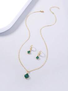 Nooxian 1 Hình Thoi Xanh Đính Đá Cubic Zirconia Mặt Dây Chuyền Nguyên Tố Vòng Cổ Với 1 Bông Tai - Vàng - Xem 1