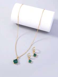 Nooxian 1 Hình Thoi Xanh Đính Đá Cubic Zirconia Mặt Dây Chuyền Nguyên Tố Vòng Cổ Với 1 Bông Tai - Vàng - Xem 2