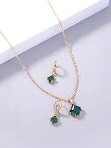 Nooxian 1 Hình Thoi Xanh Đính Đá Cubic Zirconia Mặt Dây Chuyền Nguyên Tố Vòng Cổ Với 1 Bông Tai - Vàng - Xem 4