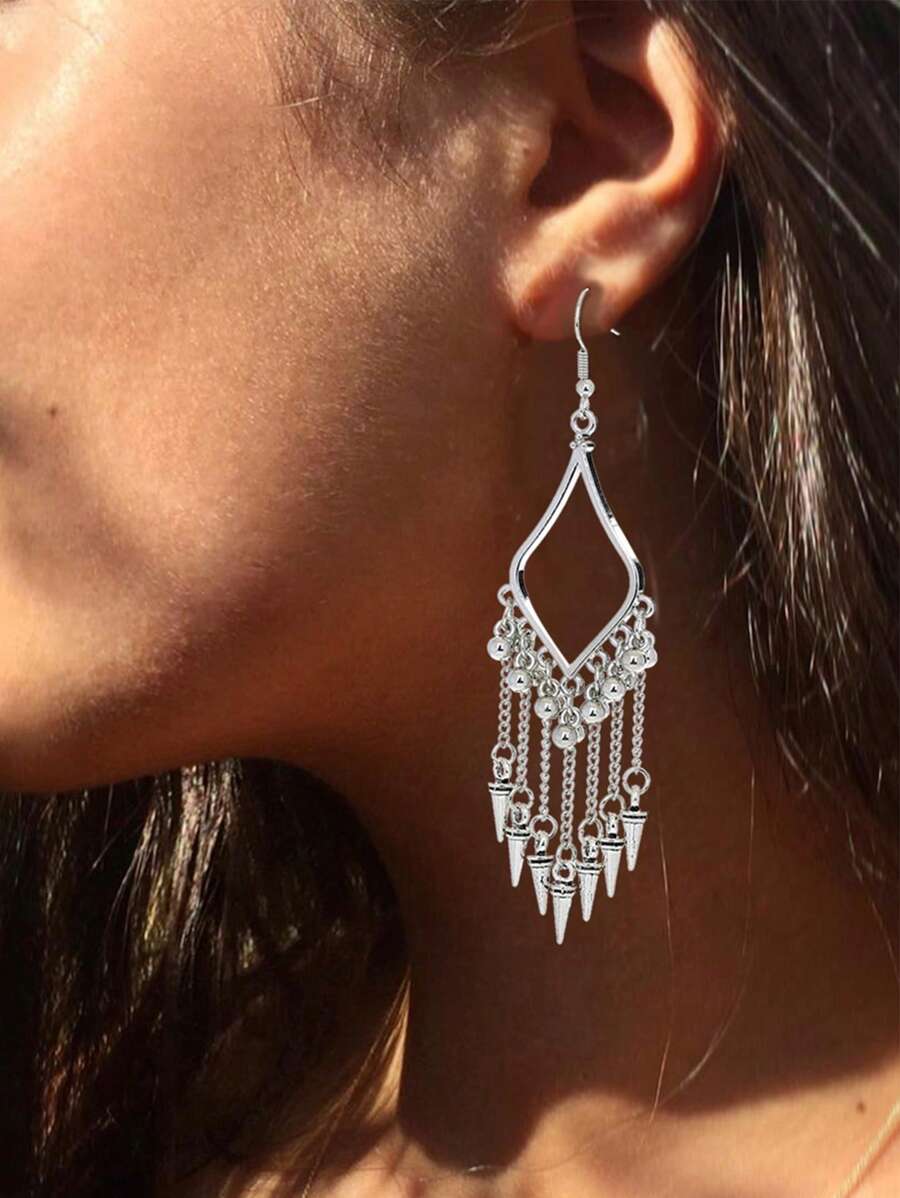 1 đôi bông tai tua rua hình nón phong cách cổ điển Bohemian - Màu Bạc Cổ - Xem 1
