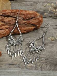 1 đôi bông tai tua rua hình nón phong cách cổ điển Bohemian - Màu Bạc Cổ - Xem 2