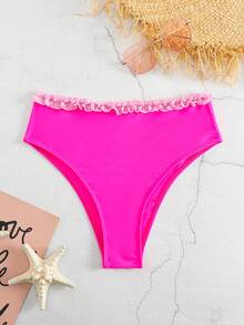 Frill Trim High Waisted Bikini Bottom - Hot Pink - View 3