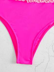 Frill Trim High Waisted Bikini Bottom - Hot Pink - View 7