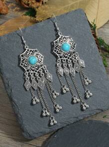 1 cặp bông tai tua rua bất đối xứng phong cách Bohemian cổ điển màu ngọc lam - Màu Bạc Cổ - Xem 4