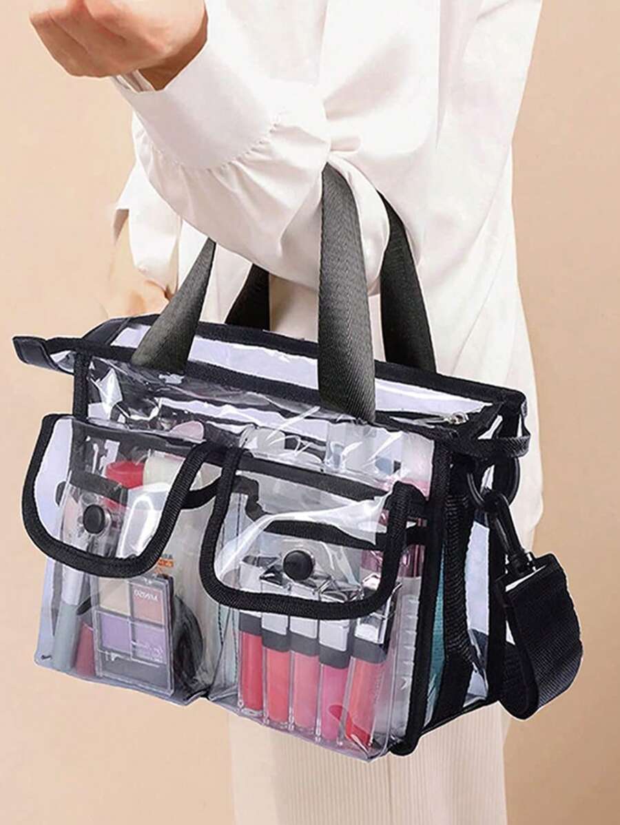1pc Transparent Multi Grid Storage Bag, PVC Waterproof Handheld Makeup Bag For Household